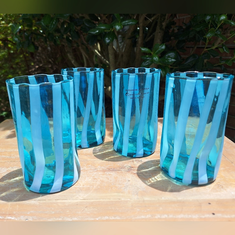 Murano Glass Cups Tumblers Drinking Glasses TEAL Gift Set 4 Made in Italy - Picture 12 of 13